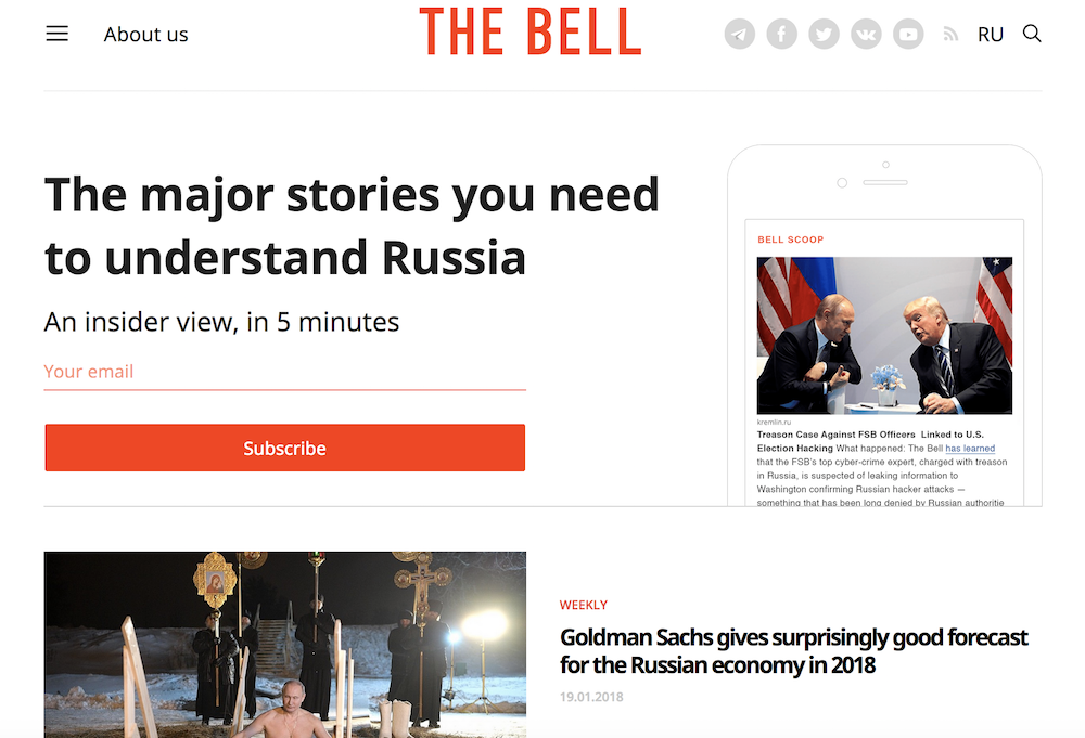 Screenshot of The Bell’s English-language homepage
