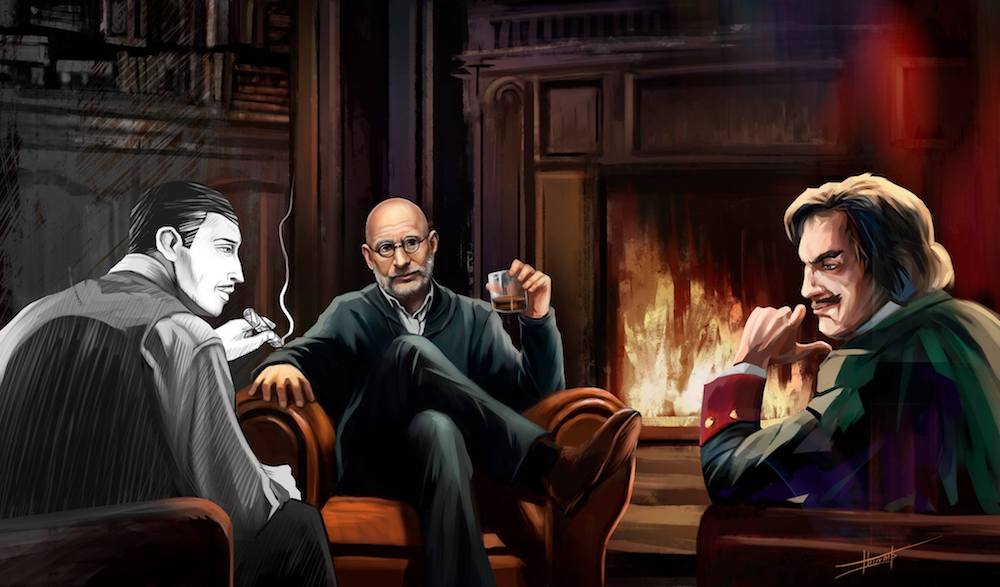 Akunin in conversation with the two subjects he spent most of his time writing about in 2017: Erast Fandorin and Peter the Great. Image: borisakunin / Facebook