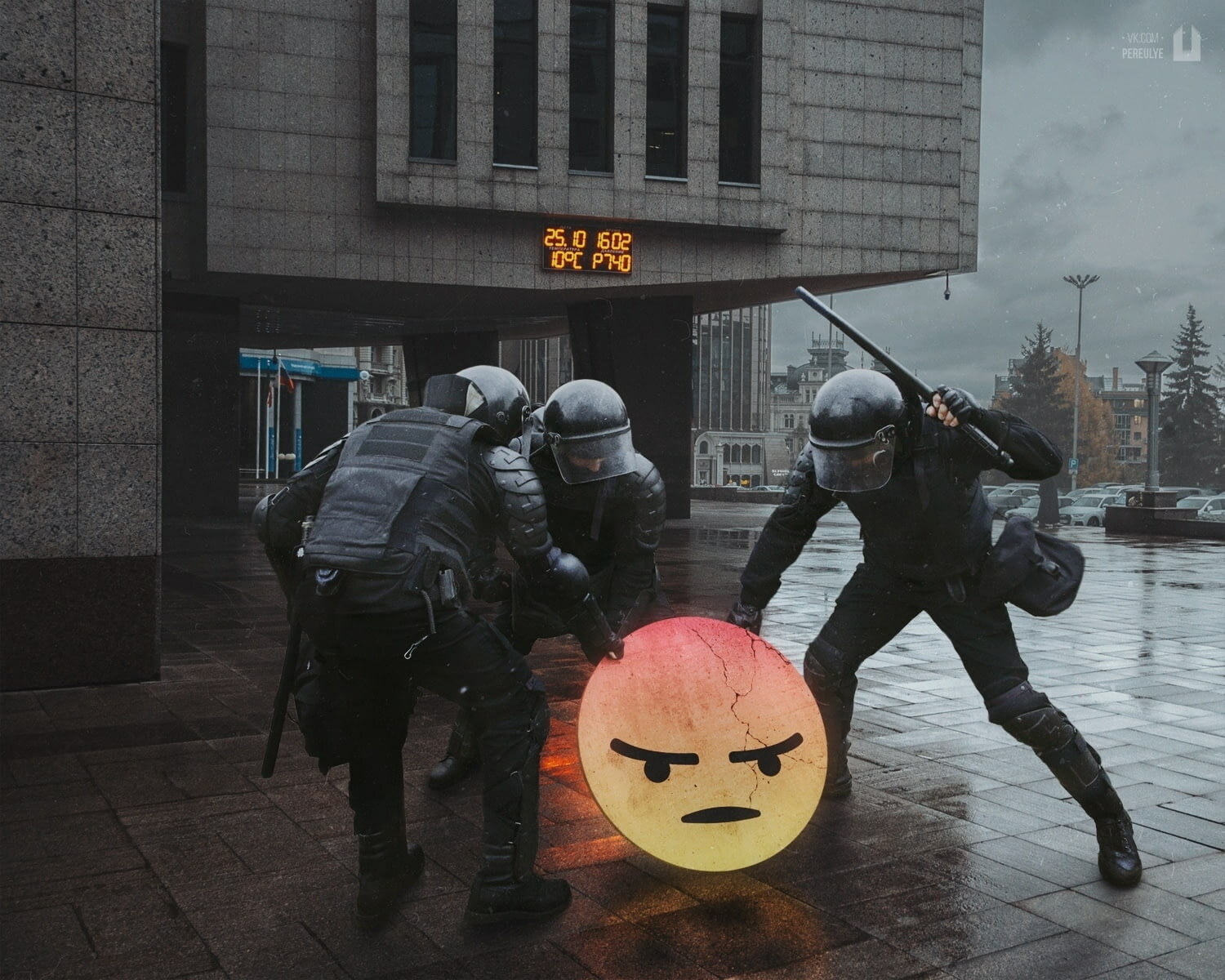 Three policemen beating up an angry emoticon. Image: Lev Pereulkov