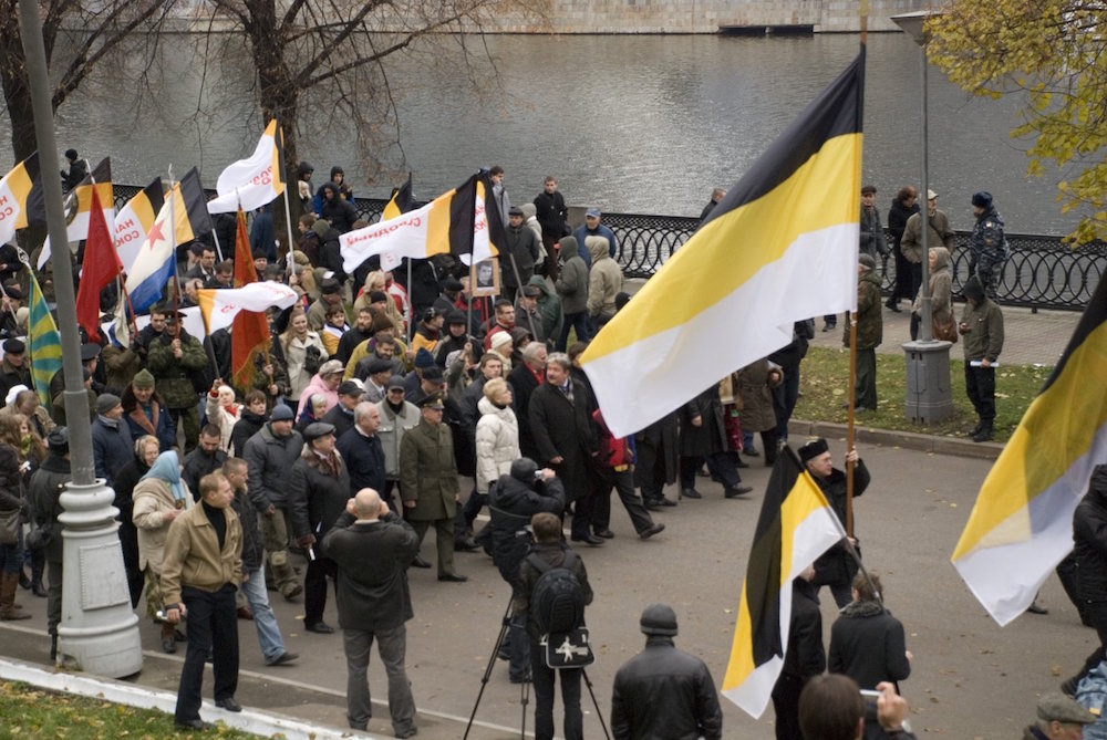 A nationalist Russian March parades the colours of the pre-revolutionary imperial flag through Moscow in 2008 (Dmitriy under a CC licence)