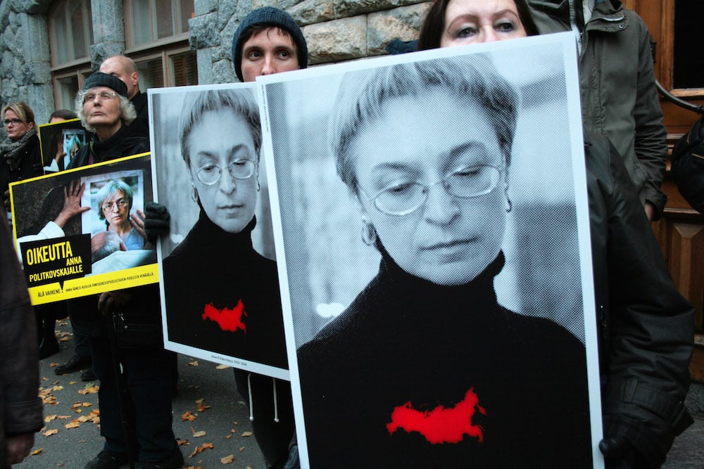 Protest outside the Russian embassy in Helsinki following Anna Politkovskaya's murder in 2014. Image: amnesty Finland under a CC licence