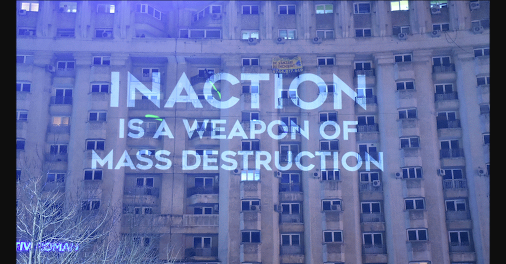 Video projection onto a building in Bucharest. Image: Youtube