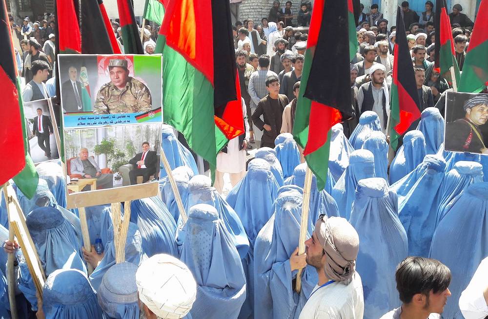 Screenshot of Afghan women taking part in a 2018 demonstration in Faryab Province 