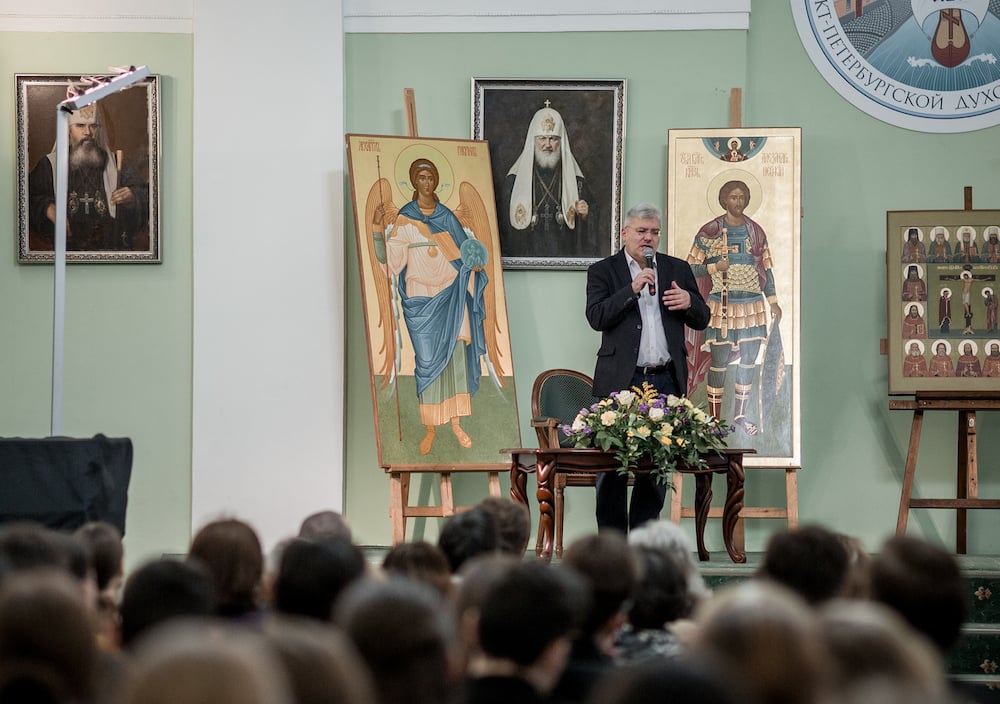 Vodolazkin speaking at the St. Petersburg Theological Academy in March. Image: Saint-Petersburg Theological Academy under a CC License