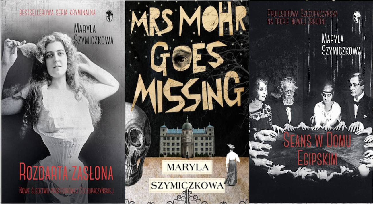 The English cover of  Mrs Mohr Goes Missing  and the Polish covers of the other two Szymiczkowa books 