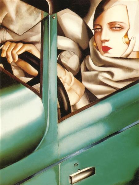 Tamara de Lempicka, Tamara in a Green Bugatti (1929). ©Tamara de Lempicka / Wikiart