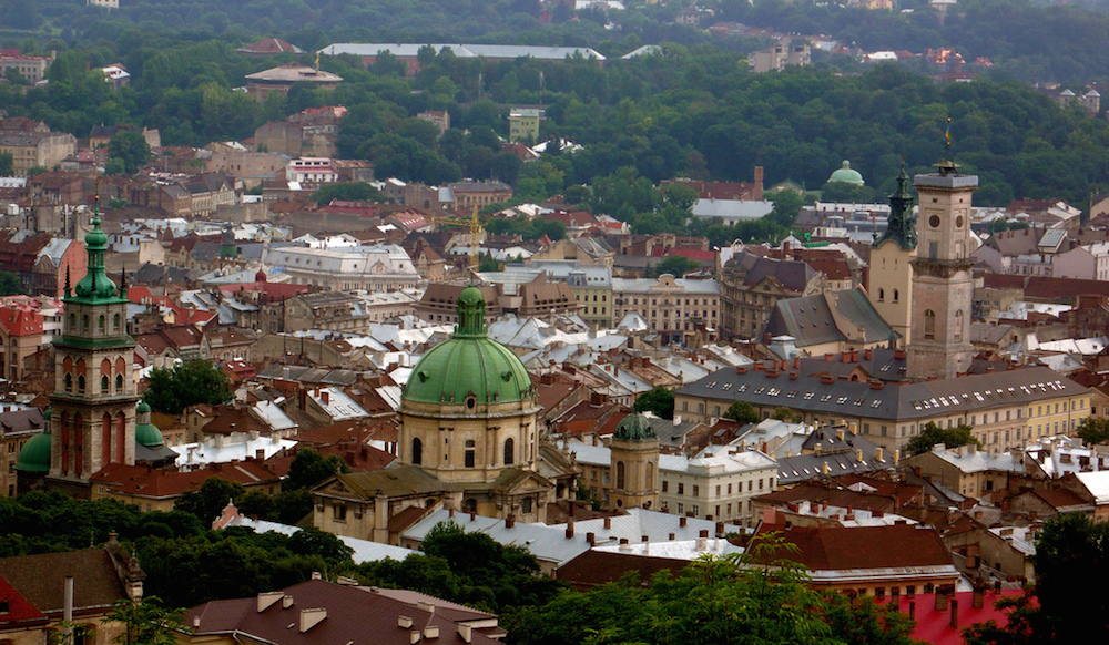 Lviv rooftops with Town Hall (right) (Image: mikesub under a CC licence)