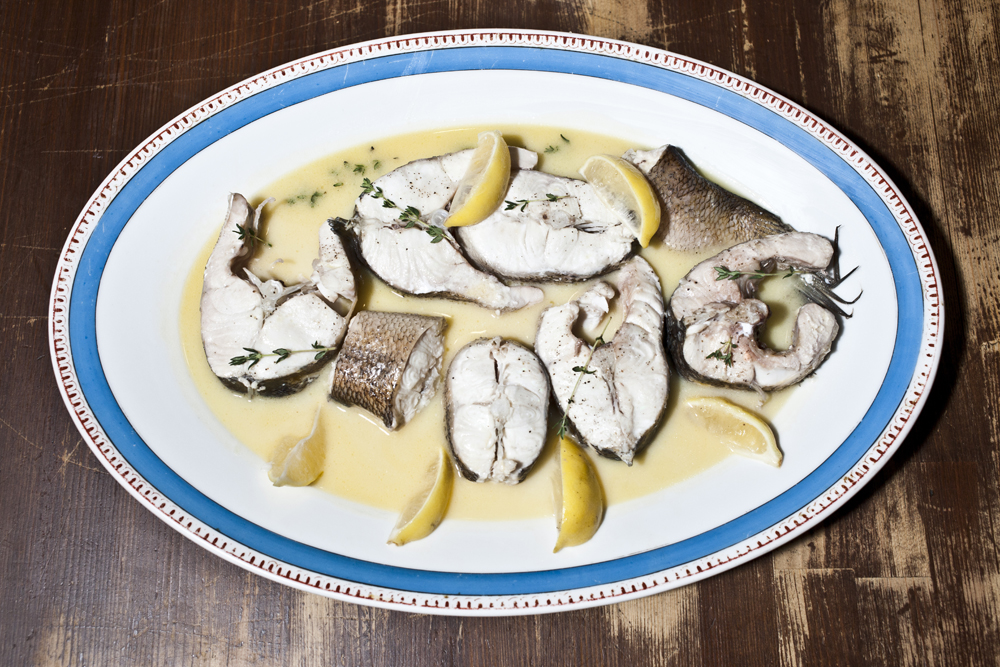 Baked pike-perch in a white wine sauce at LavkaLavka Christmas dinner
