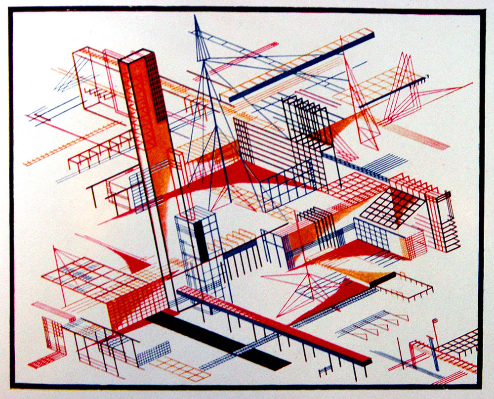 Constructivist architectural fantasies by Iakov Chernikhov, 1933. Le Corbusier’s early work was a major source of inspiration for the Constructivists.