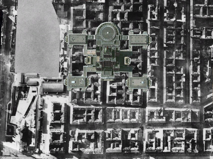 A bird’s eye view of Warsaw's Palace of Culture superimposed onto aerial and satellite images of central Warsaw. Image: Google Earth