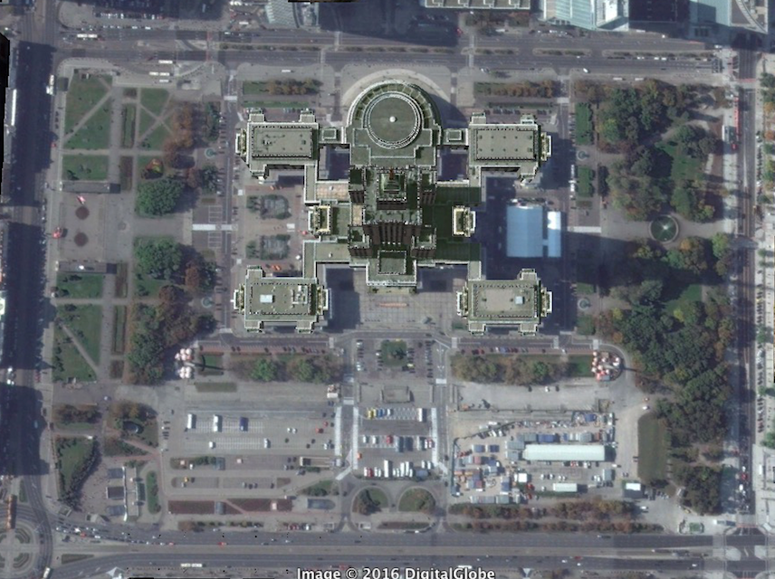 A bird’s eye view of Warsaw's Palace of Culture. Image: Google Earth, copyright Digital Globe 2016