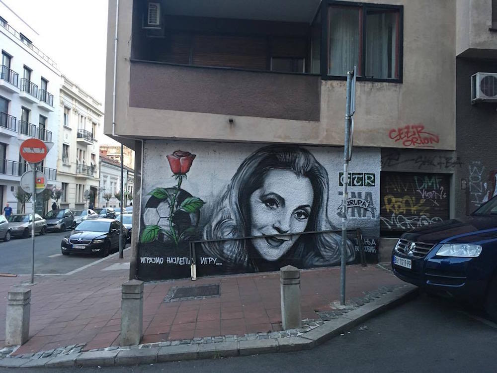 “We play the most beautiful game”. GTR graffiti of Serbian actor Tanja Bosković in the Dorćol neighbourhood. Image: Staša Bajac