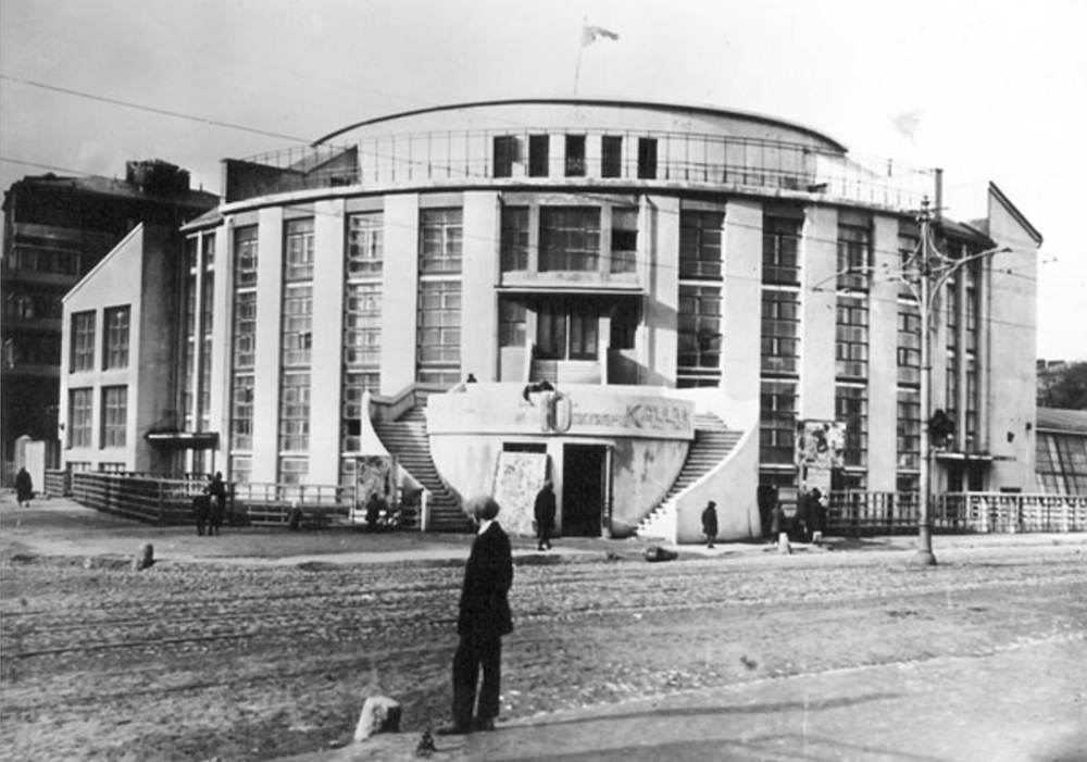 Konstantin Melnikov standing in front of his Kauchuk Factory Club (1929)