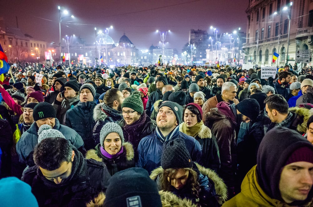 Protesters on Bucharest's University Square (image: Mihai Petre under a CC licence)