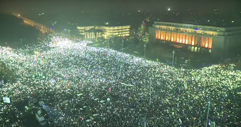 Bucharest's Victory Square during protests on February 5th (image: Youtube)