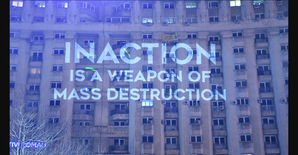 Video projection onto a building in Bucharest (image: Youtube)