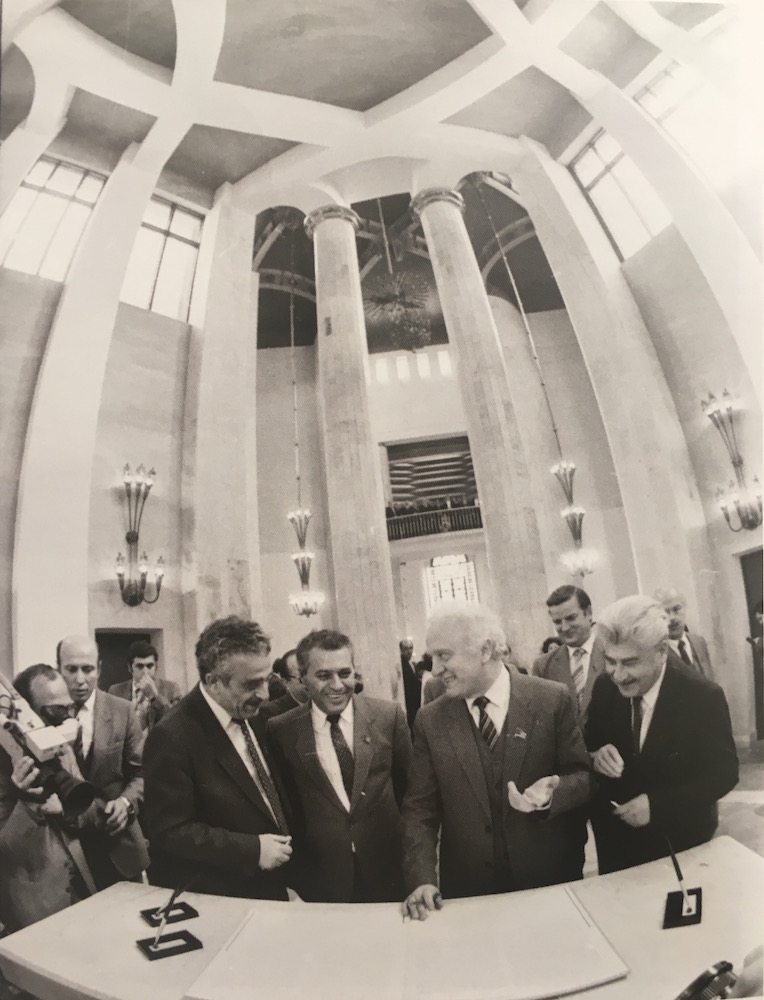 Eduard Shevardnadze, silver haired in the centre, opens the Wedding Palace at Tbilisoba 1984. Image courtesy of Irakli Kovzanadze