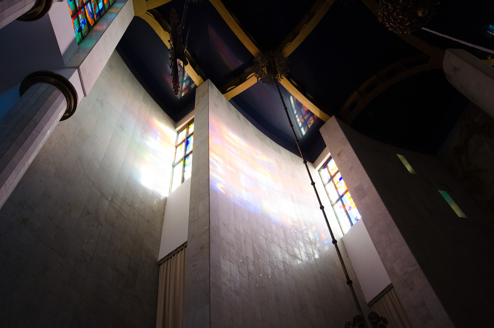 The interior of the wedding palace. Stained glass, not used in Orthodox churches, refers to the 19th century courtyards of Tbilisi. Image: Vladimer Shioshvili