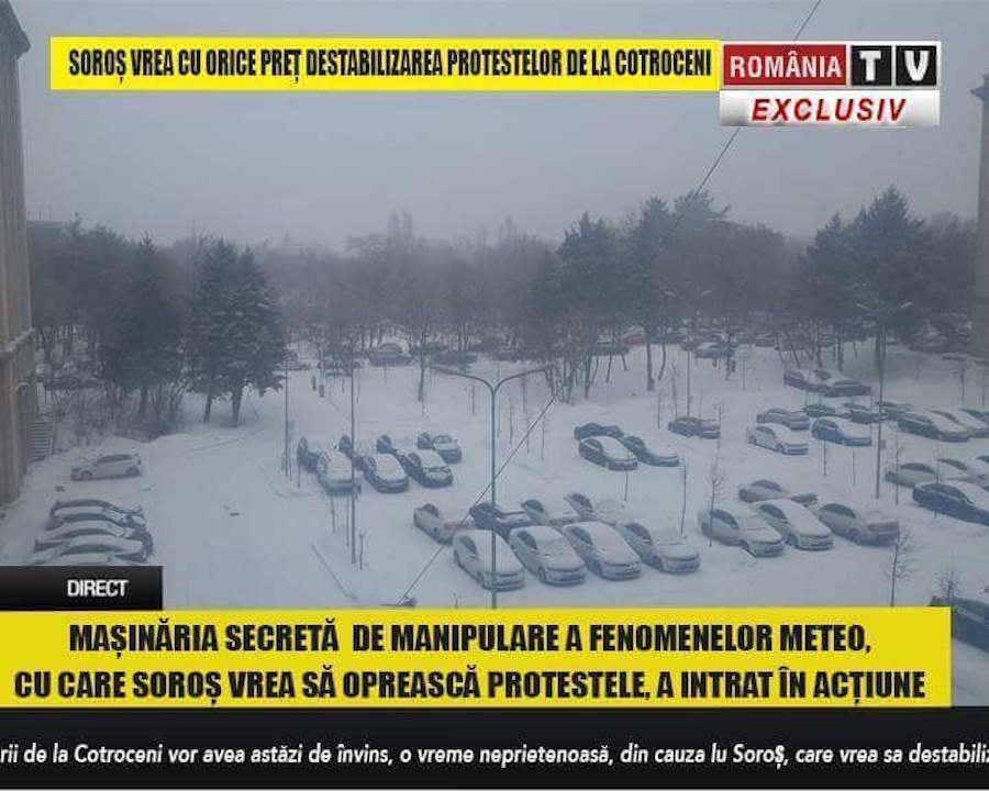 Screenshot from a news broadcast on Romania TV, accusing George Soros of creating an artificial snowstorm to prevent pro-government protests