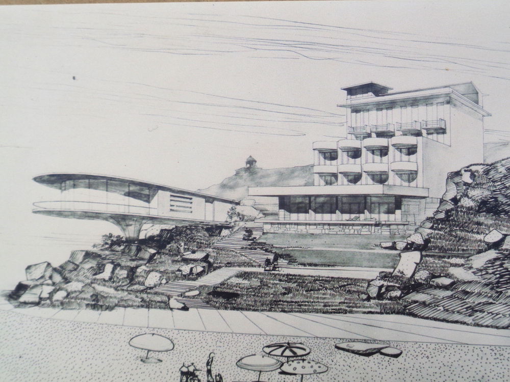 Gevorg Kochar’s drawing of the Sevan Writers’ Resort from the early 1960s, currently on display at the Resort. Image: Owen Hatherley