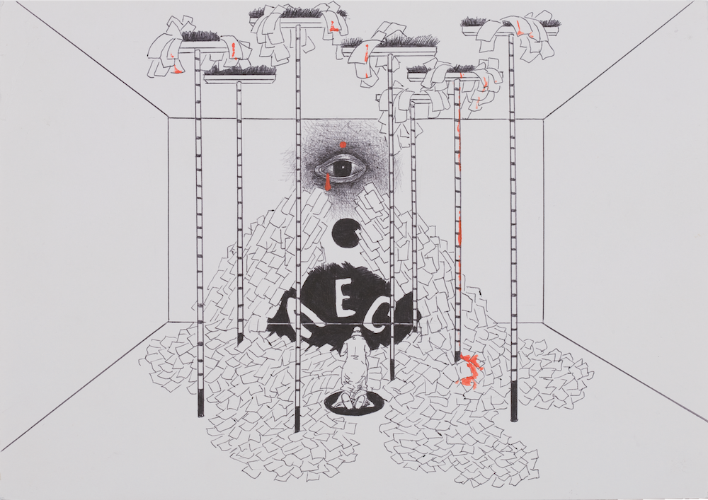 A sketch from Prigov’s “phantom installation” series <em>Cleaning Woman and Angels</em> (1990s). Image: Prigov Estate