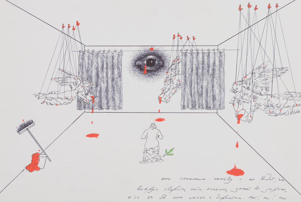 A sketch from Prigov’s “phantom installation” series <em>Cleaning Woman and Angels</em> (1990s). Image: Prigov Estate