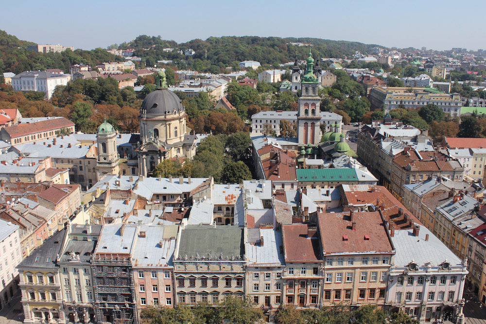 View over central Lviv from the City Hall