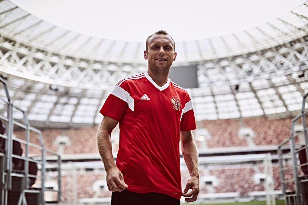 Spartak Moscow midfielder Denis Glushakov models Adidas’s Russia home kit for the 2018 World Cup