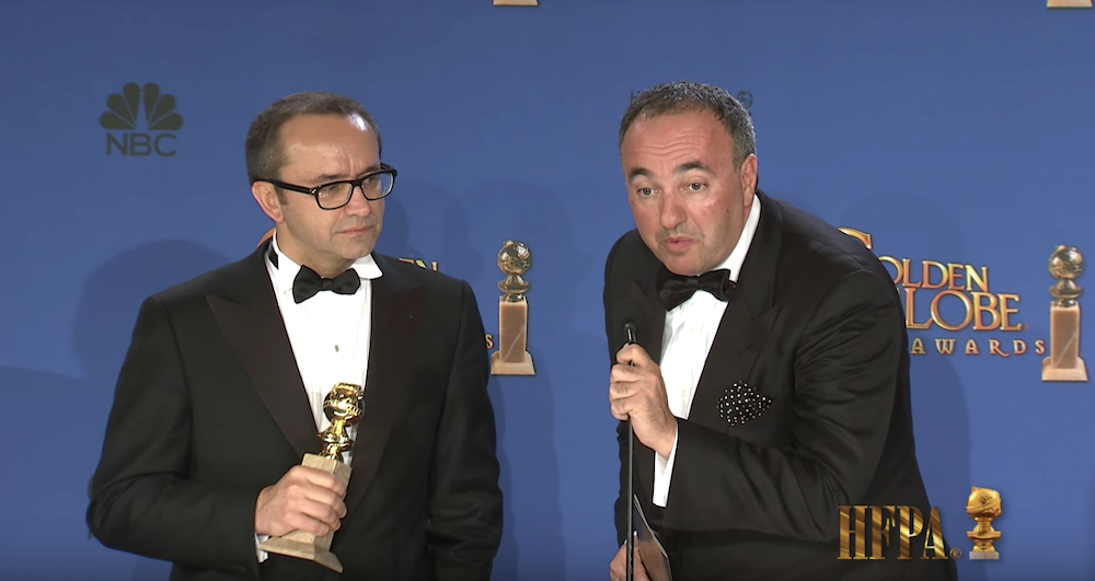 Andrey Zvyagintsev and his producer Alexander Rodyansky with their 2015 Golden Globe for Best Foreign Language Film for <em>Leviathan</em>
