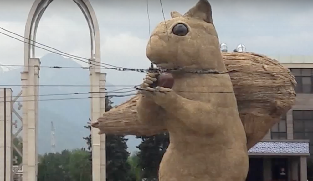 UK artist Alex Rinsler’s 12-ton squirrel sculpture in Almaty was created for the city’s Art Energy festival. Image: BBC News/Youtube