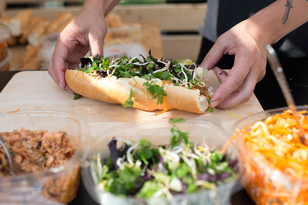 A Vietnamese baguette made using locally sourced ingredients