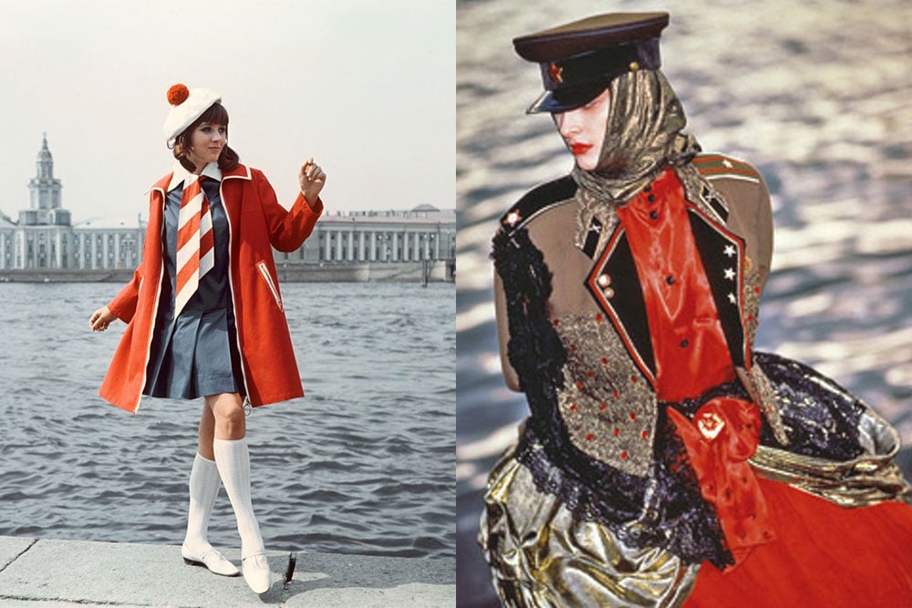 Red in fashion. Left — A woman wearing a red coat on the Neva, St Petersburg (1960s). Right — an example of red used in perestroika fashion (1980s).