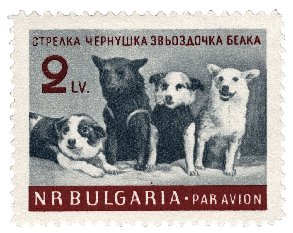 Stamp showing a group portrait taken at the press conference held on 28 March 1961