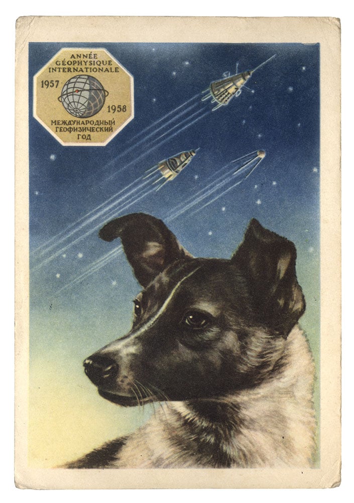 A portrait of Laika by artist E. Gundobin, with the first three Sputniks in the background (1958)