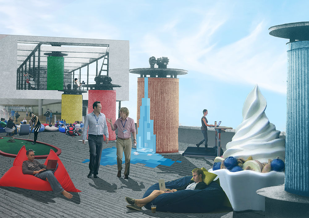 Proposal for new models of communal living, work, and relaxation, based on the Narkomfin Communal House by Moisei Ginzburg and Ignaty Milinis. (Image: Julia Ardabyevskaya / Strelka Institute)