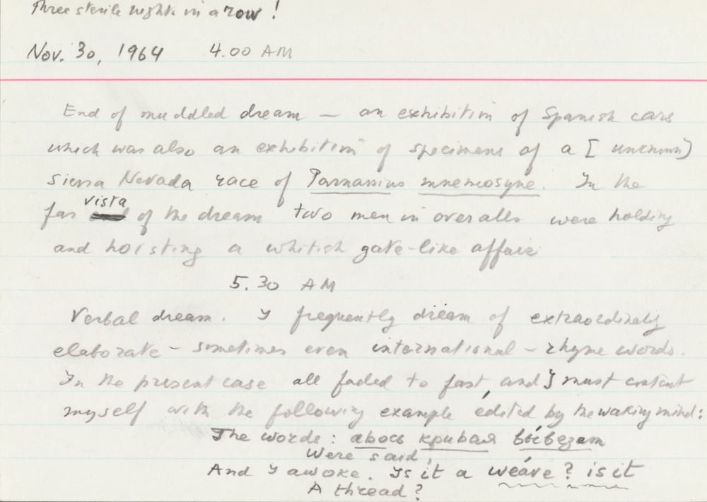 A flash card with Nabokov's recollections about his dreams. Photo: from the Berg Collection of English and American Literature, The New York Public Library, Astor, Lenox and Tilden Foundations. Copyright © the Dmitri Nabokov Estate. Used by permission of The Wylie Agency, LLC