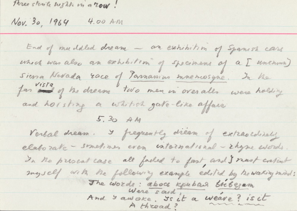 A flash card with Nabokov's recollections about his dreams. Photo: from the Berg Collection of English and American Literature, The New York Public Library, Astor, Lenox and Tilden Foundations. Copyright © the Dmitri Nabokov Estate. Used by permission of The Wylie Agency, LLC