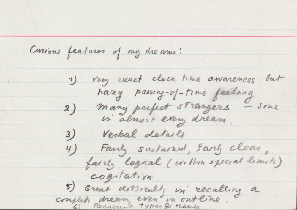 A flash card with Nabokov's recollections about his dreams. Photo: from the Berg Collection of English and American Literature, The New York Public Library, Astor, Lenox and Tilden Foundations. Copyright © the Dmitri Nabokov Estate. Used by permission of The Wylie Agency, LLC