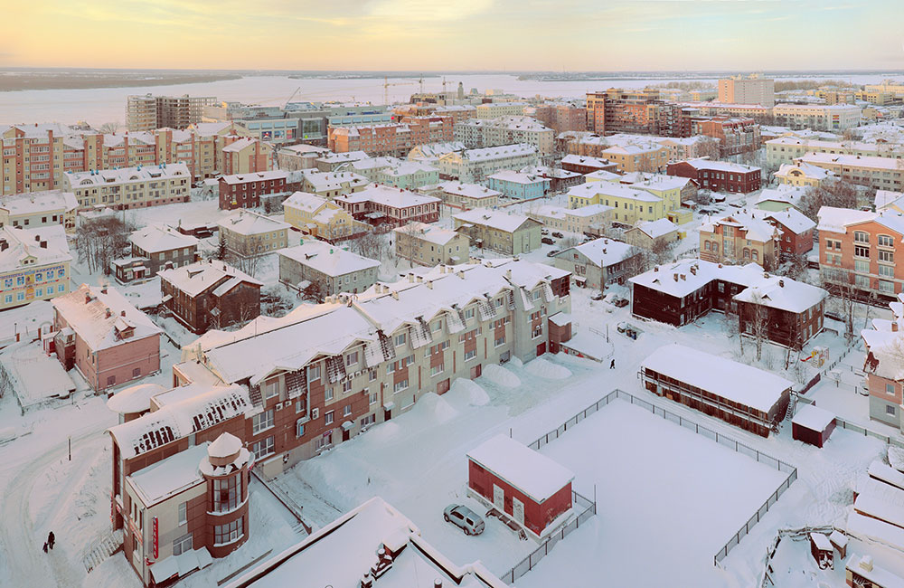 Arkhangelsk sits on the banks of the Dvina river near its exit into the White Sea.