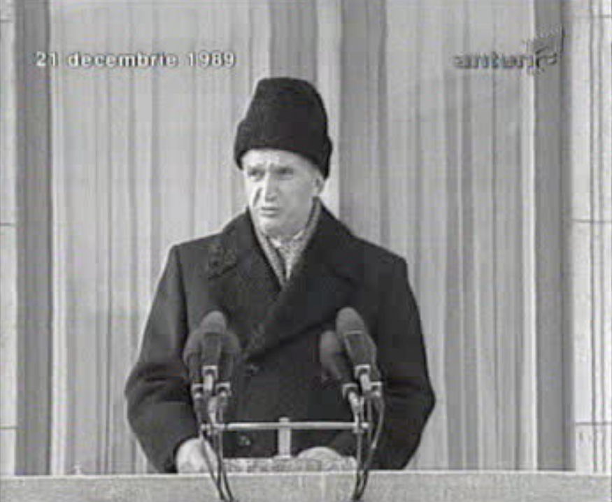 Romanian dictator Nicolae Ceauşescu delivering his last speech in 1989