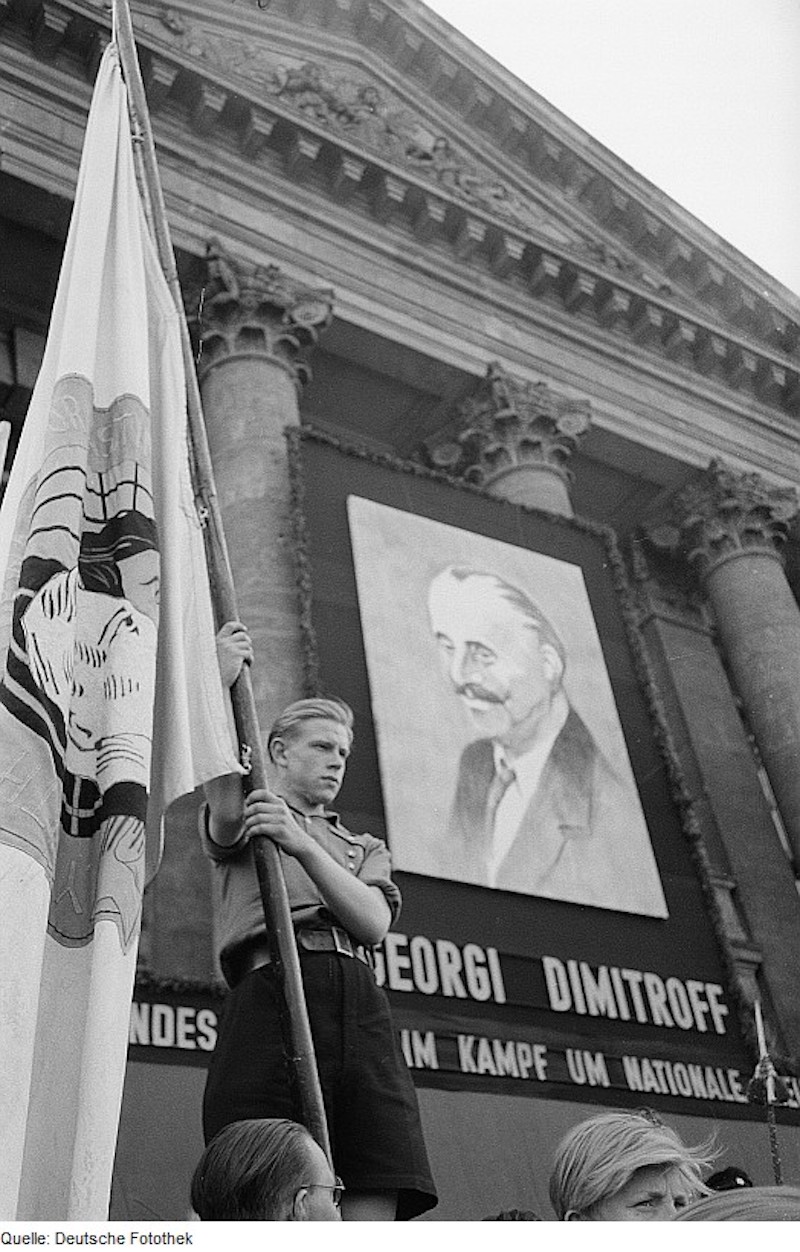A commemoration of Dimitrov in eastern Germany, 1949. Dimitrov, who lived in Germany for several years, had been accused of involvement in the Reichstag Fire by the Nazis in 1933. Image: Deutsche Fotothek under a CC licence