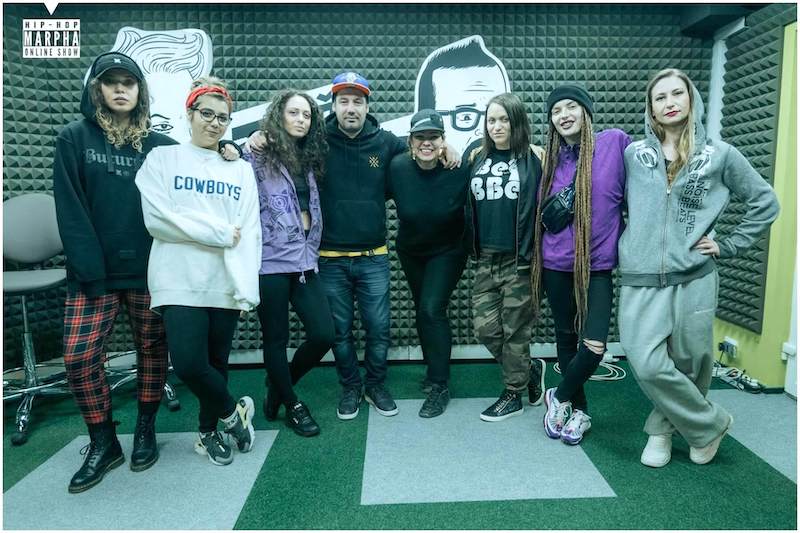 From left to right, ENERGIA, Max Konstant, Gani, Brugner, Dana Marijuana, BeBBe, Miru, Undercover, representing the “Fetele cu care cant” project at Urban Groove - TANANANA Radio. Image: Daniel Radu/Marpha Hip Hop