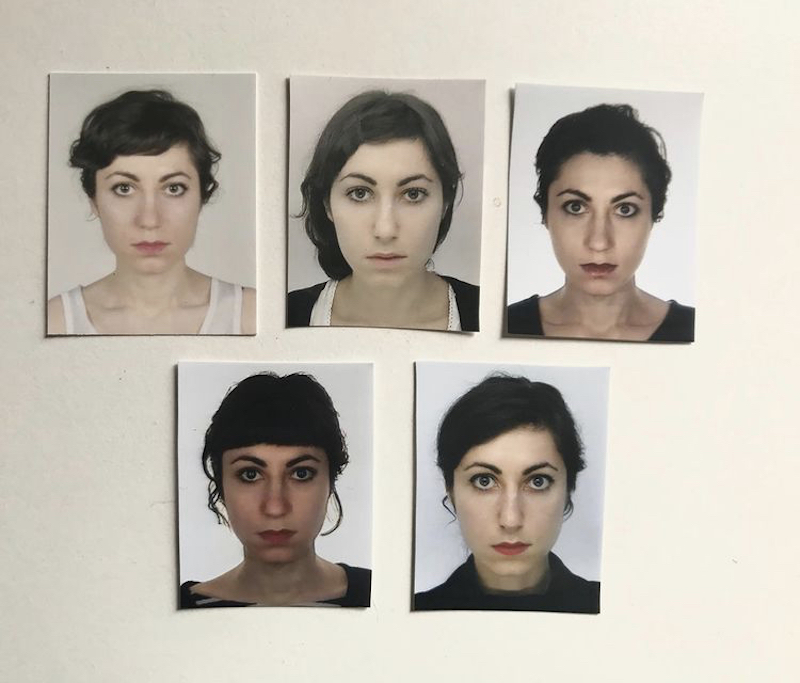 A series of identity photos taken by Yelena Moskovich for her residency paperwork in Paris, France