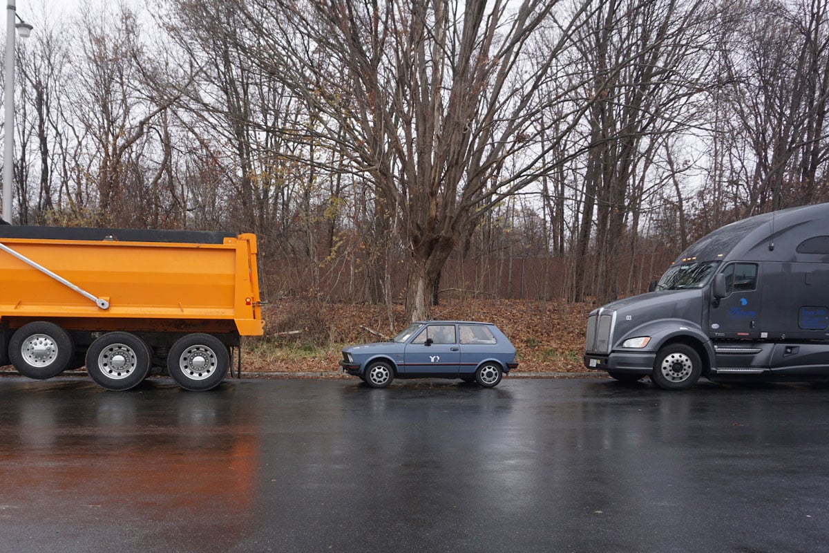 The Yugo sharing the road with modernday vehicles.  Image: Y? Project