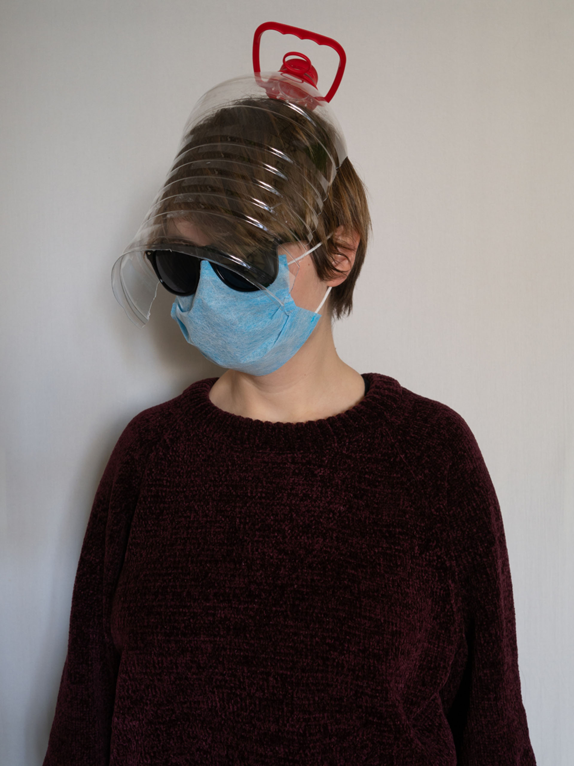 On the first week of the coronavirus outbreak, I saw images of people wearing plastic bottles instead of medical masks. I decided to make my own and add sunglasses — to protect my eyes from the infection.