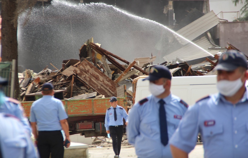 The remains of the demolished National Theatre building on May 17.