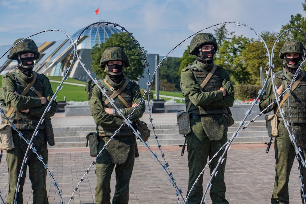 Soldiers face off against demonstrators in Minsk. Image: Homoatrox/Wikimedia Commons under a CC licence