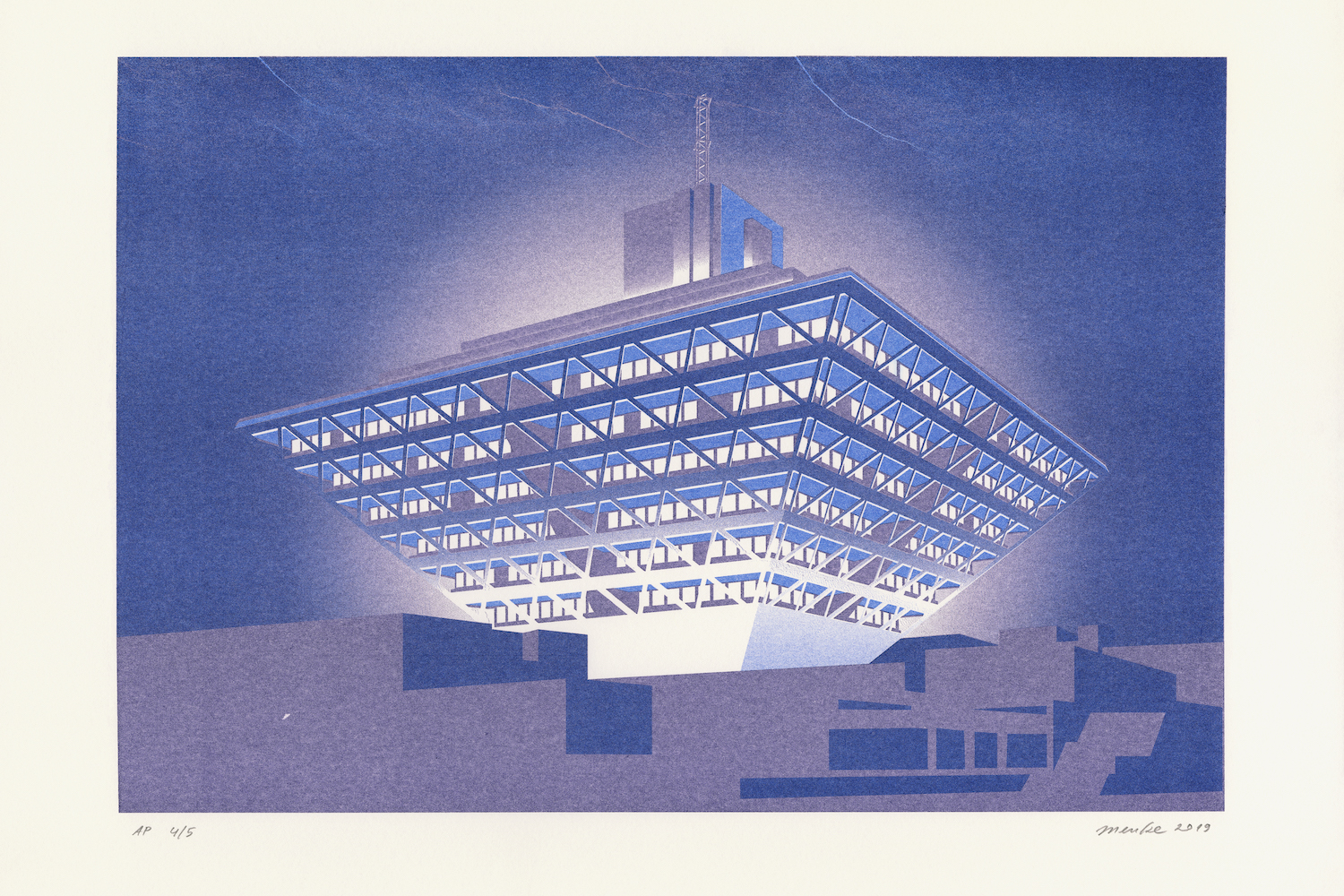 The Slovak Radio Building in Bratislava, illustrated by Marek Menke for Čierne Diery