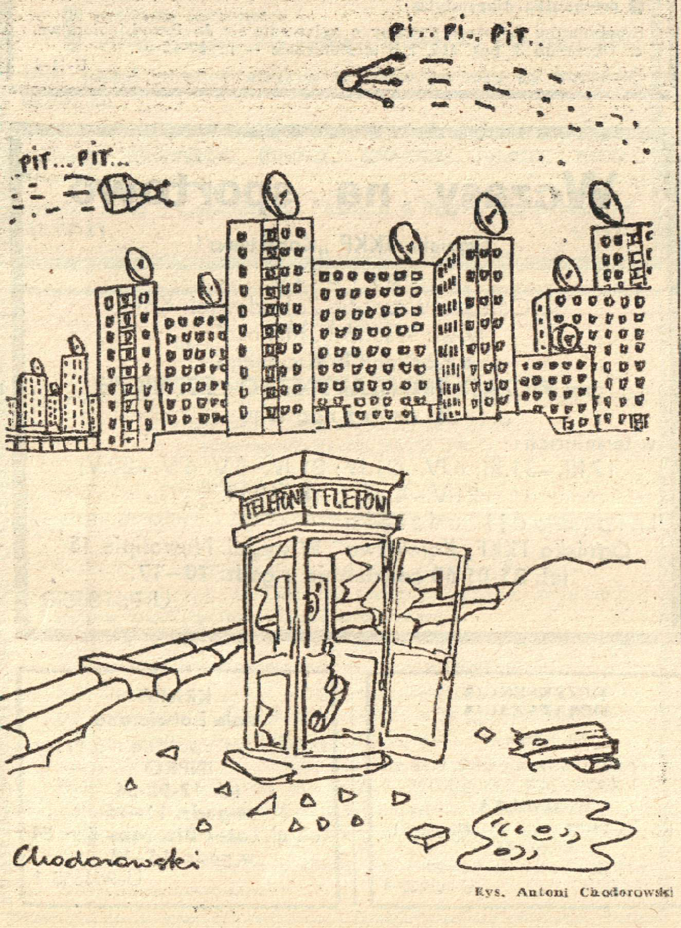 A satirical drawing depicting how satellite television was installed in the Warsaw Ursynów estate before phone lines. Image: Pasmo magazine (1988)