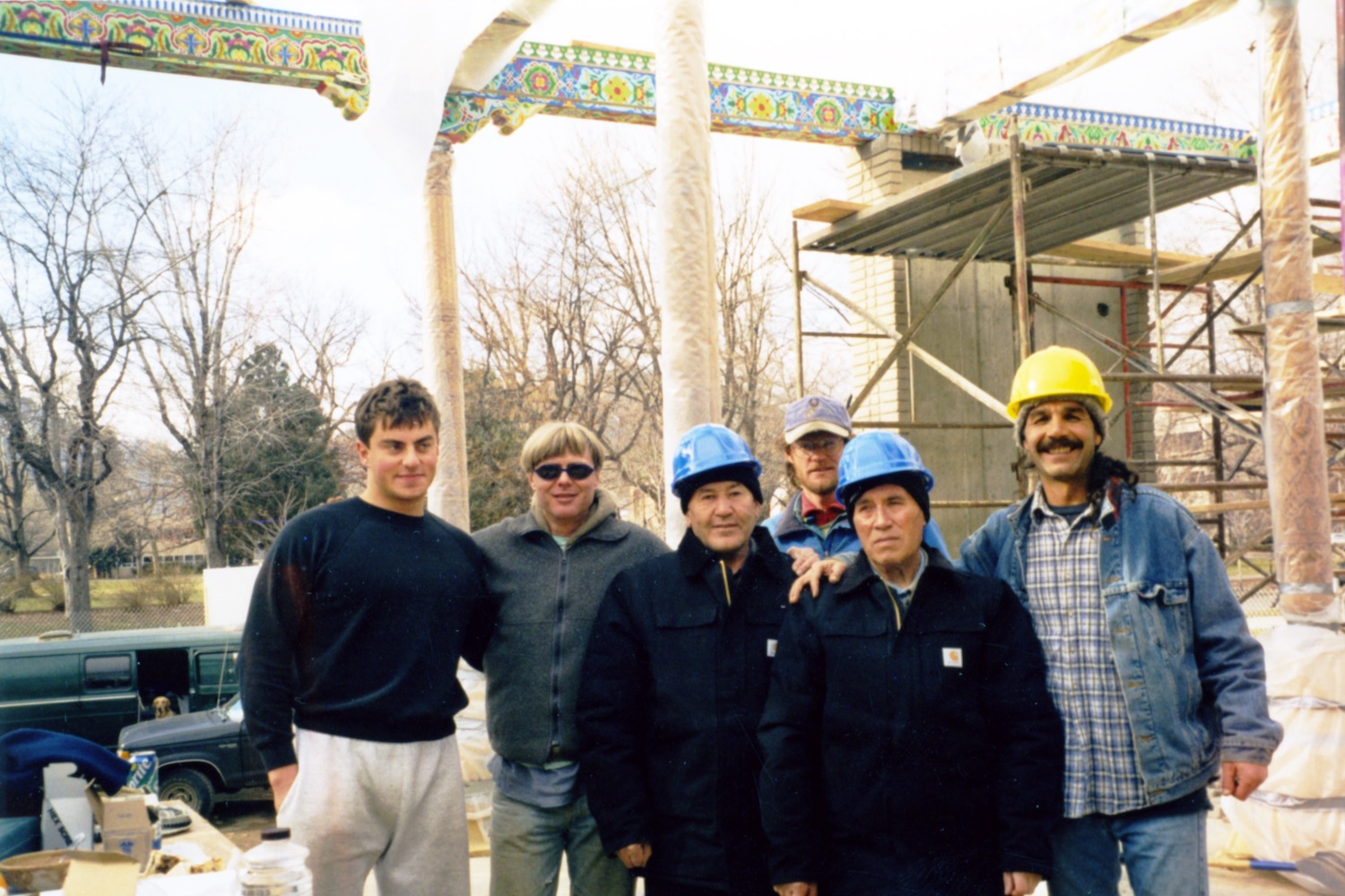 Tajik craftsmen at the Boulder Teahouse construction site. Image courtesy of Rett Ertle